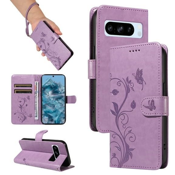 TECH CIRCLE Wallet Case For Google Pixel 8, Emboss Flower Premium PU Leather Magnetic Card Slots Flip Protective Kickstand Case with Wrist Strap for Google Pixel 8 6.2" 2023,Purple