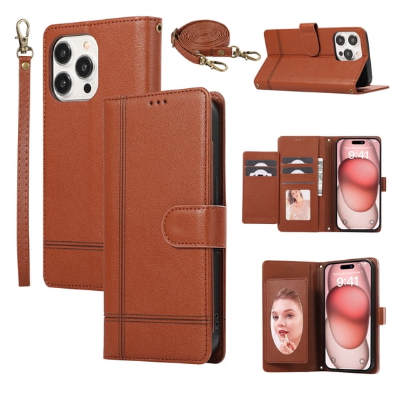 TECH CIRCLE Wallet Case For iPhone 13,Magnetic Flip Folio Stand Purse Case with Shoulder Wrist Strap Card Holder Cover Hidden Mirror Protective Cover for Apple iPhone 13 6.1" 2021,Brown