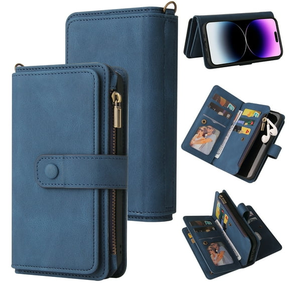 TECH CIRCLE Wallet Case For iPhone 13 Pro Max,PU Leather Zipper Handbag Purse Flip Cover Kickstand Folio Women Case with Card Slots Holder Wrist Strap for Apple iPhone 13 Pro Max 6.7" 2021,Blue
