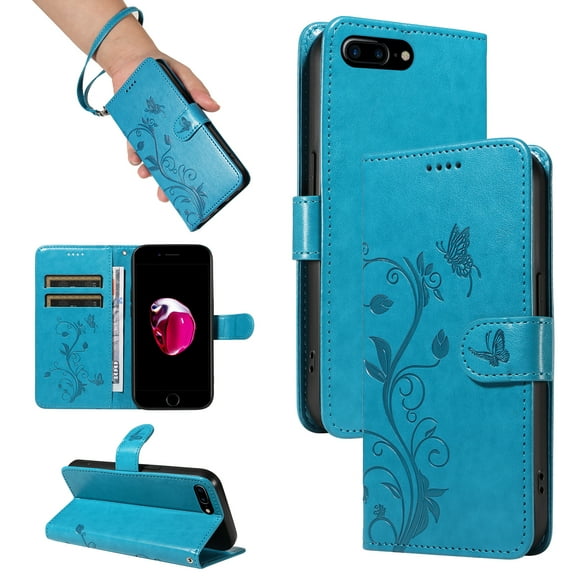 TECH CIRCLE Wallet Case For iPhone 8 Plus/7 Plus, Emboss Flower Premium PU Leather Magnetic Card Slots Flip Protective Kickstand Case with Wrist Strap for Apple iPhone 8 Plus/7 Plus 5.5",Blue