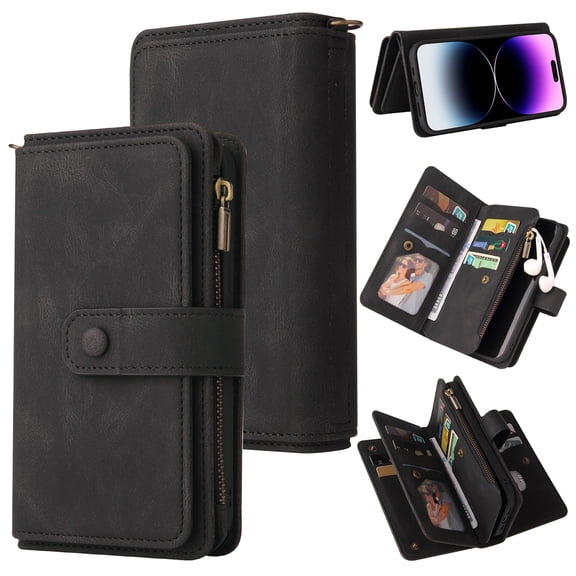 TECH CIRCLE Wallet Case For iPhone XS/X,PU Leather Zipper Handbag Purse Flip Cover Kickstand Folio Women Case with Card Slots Holder Wrist Strap for Apple iPhone XS/X 5.8",Black