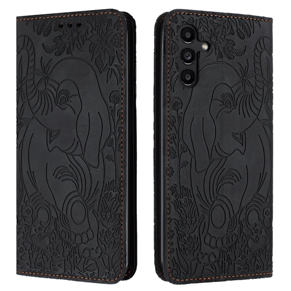 TECH CIRCLE Wallet Case For Galaxy A24 4G,Emboss Elephant Flower Kickstand Card Slots Magnetic Closure PU Leather Shockproof TPU Shell Wrist Strap for Samsung Galaxy A24 4G 6.5" 2023,Black