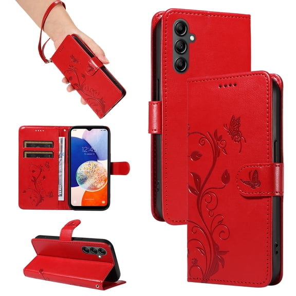 TECH CIRCLE Wallet Case For Galaxy A24 4G, Emboss Flower Premium PU Leather Magnetic Card Slots Flip Protective Kickstand Case with Wrist Strap for Samsung Galaxy A24 4G 6.5" 2023,Red