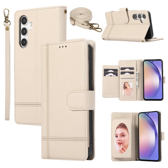 TECH CIRCLE Wallet Case For Galaxy A24 4G,Magnetic Flip Folio Stand Purse Case with Shoulder Wrist Strap Card Holder Cover Hidden Mirror Protective Cover for Samsung Galaxy A24 4G 6.5" 2023,Beige