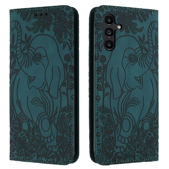 TECH CIRCLE Wallet Case For Galaxy A32 4G,Emboss Elephant Flower Kickstand Card Slots Magnetic Closure PU Leather Shockproof TPU Shell Wrist Strap for Samsung Galaxy A32 4G 6.4" 2021,Green