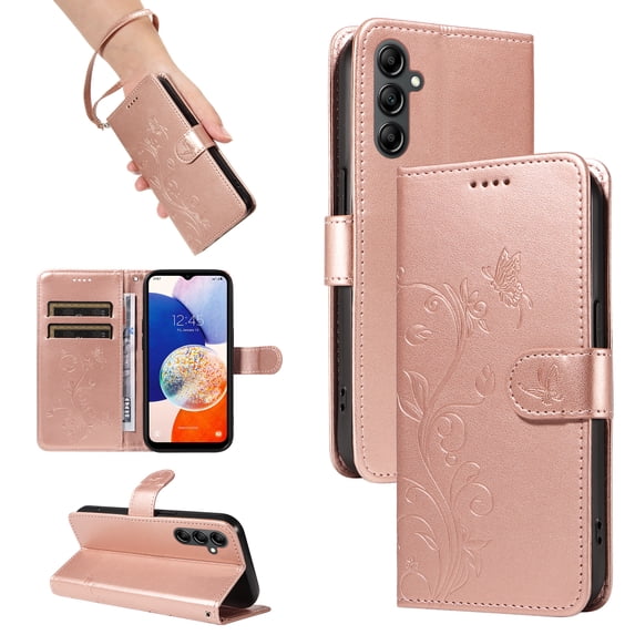TECH CIRCLE Wallet Case For Galaxy A32 5G, Emboss Flower Premium PU Leather Magnetic Card Slots Flip Protective Kickstand Case with Wrist Strap for Samsung Galaxy A32 5G 6.5" 2021,Rosegold