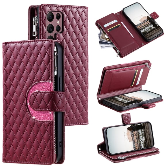 TECH CIRCLE Wallet Case For Galaxy Note 10,PU Leather Zipper Flip Folio Bling Case Wristlet Shoulder Strap Magnetic Closure Stand Protective Case for Samsung Galaxy Note 10 6.3" 2019,Winered