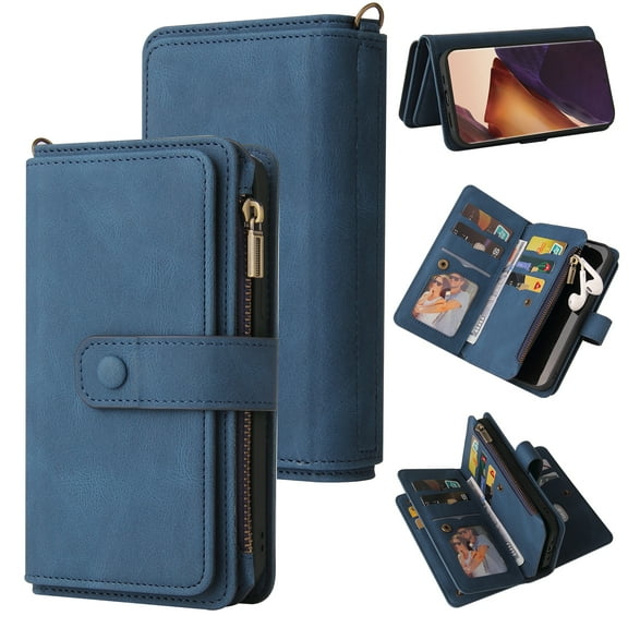 TECH CIRCLE Wallet Case For Galaxy Note 10+,PU Leather Zipper Handbag Purse Flip Cover Kickstand Folio Women Case with Card Slots Holder Wrist Strap for Samsung Galaxy Note 10 Plus 5G 6.8” 2019,Blue