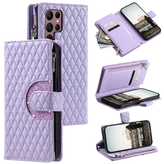 TECH CIRCLE Wallet Case For Galaxy S10 5G,PU Leather Zipper Flip Folio Bling Case Wristlet Shoulder Strap Magnetic Closure Stand Protective Case for Samsung Galaxy S10 5G 6.7" 2019,Purple