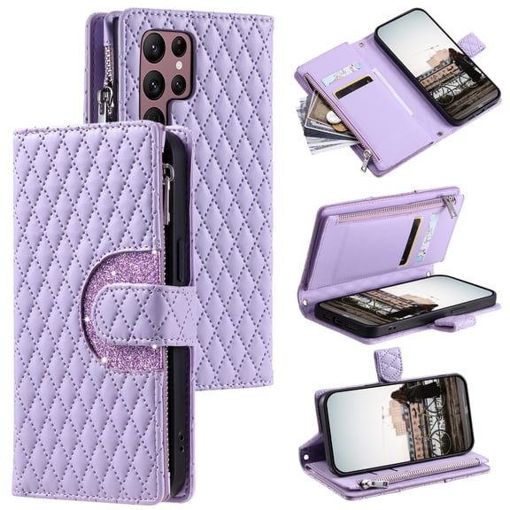 TECH CIRCLE Wallet Case For Galaxy S20 FE,PU Leather Zipper Flip Folio Bling Case Wristlet Shoulder Strap Magnetic Closure Stand Protective Case for Samsung Galaxy S20 FE 6.5" 2020,Purple