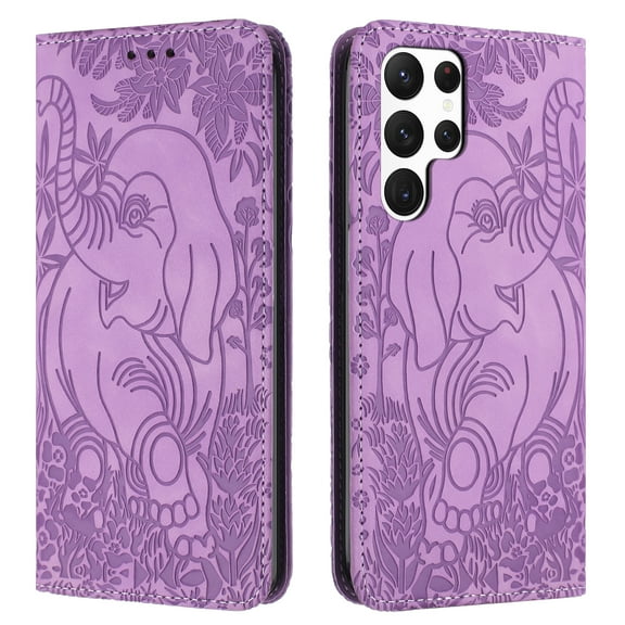 TECH CIRCLE Wallet Case For Galaxy S21 Ultra,Emboss Elephant Flower Kickstand Card Slots Magnetic Closure PU Leather Shockproof TPU Shell Wrist Strap for Samsung Galaxy S21 Ultra 6.8" 2021,Purple