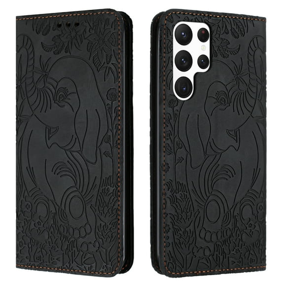 TECH CIRCLE Wallet Case For Galaxy S21 Ultra,Emboss Elephant Flower Kickstand Card Slots Magnetic Closure PU Leather Shockproof TPU Shell Wrist Strap for Samsung Galaxy S21 Ultra 6.8" 2021,Black