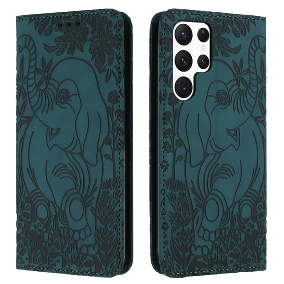 TECH CIRCLE Wallet Case For Galaxy S23,Emboss Elephant Flower Kickstand Card Slots Magnetic Closure PU Leather Shockproof TPU Shell Wrist Strap for Samsung Galaxy S23 6.1" 2023,Green