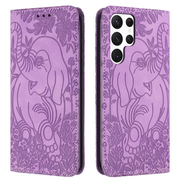 TECH CIRCLE Wallet Case For Galaxy S23 FE,Emboss Elephant Flower Kickstand Card Slots Magnetic Closure PU Leather Shockproof TPU Shell Wrist Strap for Samsung Galaxy S23 FE 6.4" 2023,Purple