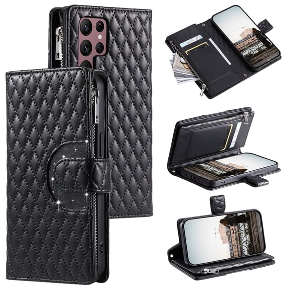 TECH CIRCLE Wallet Case For Galaxy S23 Plus,PU Leather Zipper Flip Folio Bling Case Wristlet Shoulder Strap Magnetic Closure Stand Protective Case for Samsung Galaxy S23 Plus 6.6" 2023,Black