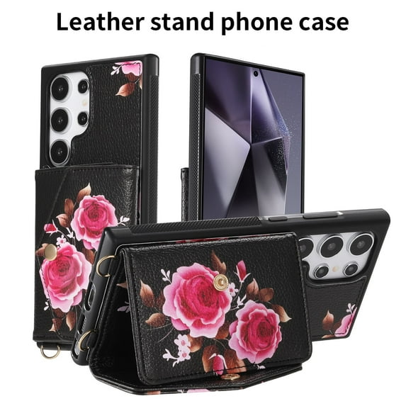 TECH CIRCLE Wallet Case for Galaxy S23 Ultra ,PU Leather Flip Protective Stand Flowers Floral Women Girls Case Card Holder Wristlet Mirror Shoulder Purse Case for Galaxy S23 Ultra 6.8" 2023,Black