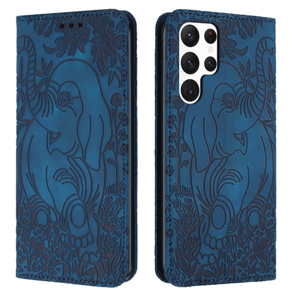 TECH CIRCLE Wallet Case For Galaxy S24,Emboss Elephant Flower Kickstand Card Slots Magnetic Closure PU Leather Shockproof TPU Shell Wrist Strap for Samsung Galaxy S24 6.1" 2024,Blue