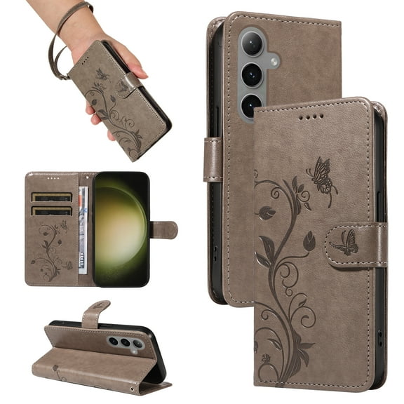 TECH CIRCLE Wallet Case For Galaxy S24+, Emboss Flower Premium PU Leather Magnetic Card Slots Flip Protective Kickstand Case with Wrist Strap for Samsung Galaxy S24 Plus 6.6" 2024,Grey