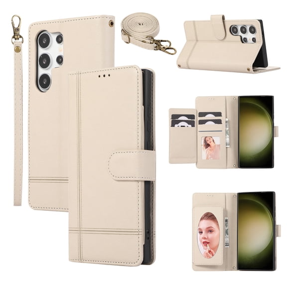 TECH CIRCLE Wallet Case For Galaxy S24,Magnetic Flip Folio Stand Purse Case with Shoulder Wrist Strap Card Holder Cover Hidden Mirror Protective Cover for Samsung Galaxy S24 6.1" 2024,Beige