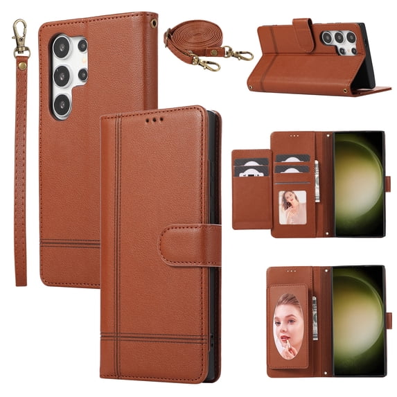 TECH CIRCLE Wallet Case For Galaxy S24 Ultra,Magnetic Flip Folio Stand Purse Case with Shoulder Wrist Strap Card Holder Cover Hidden Mirror Protective Cover for Samsung Galaxy S24 Ultra 6.8",Brown