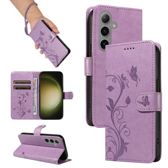 TECH CIRCLE Wallet Case For Galaxy S24ultra, Emboss Flower Premium PU Leather Magnetic Card Slots Flip Protective Kickstand Case with Wrist Strap for Samsung Galaxy S24 Ultra 6.8" 2024,Purple