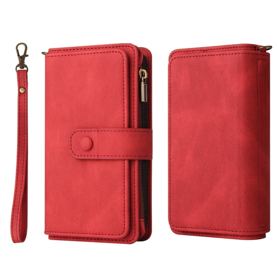TECH CIRCLE Wallet Case For Galaxy Z Fold 4,PU Leather Zipper Handbag Purse Flip Cover Kickstand Folio Women Case with Card Slots Holder Wrist Strap for Samsung Galaxy Z Fold 4 5G 7.6" 2022,Red