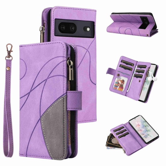 TECH CIRCLE Wallet Case for Google Pixel 7, Google Pixel 7 Case for Women Men Durable PU Leather Kickstand Magnetic Buckle Flip Folio Strap Wristlet Zipper Card Holder Phone Cases,Purple