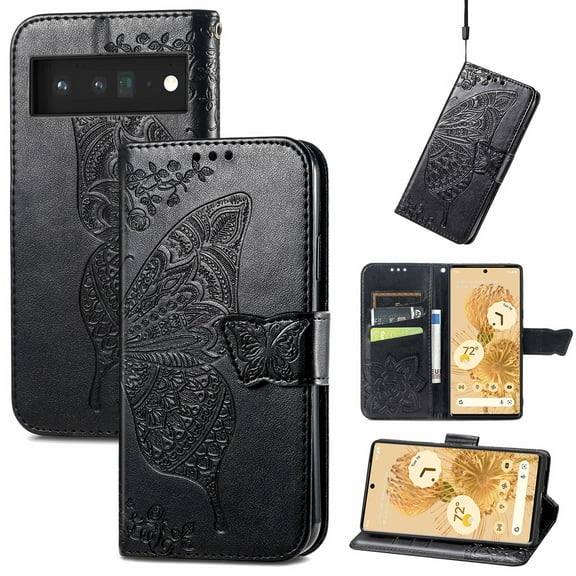 TECH CIRCLE Wallet Case for Google Pixel 8,Butterfly Flower Embossed PU Leather TPU Inner Shell Magnetic Flip Stand Card Slots Shockproof Protective Phone Cover for Google Pixel 8 2023 6.2",Black
