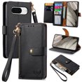 thumbnail image 1 of TECH CIRCLE Wallet Case for Google Pixel 8,PU Leather Heart Pattern Zipper Magnetic Clasp Folio RFID Blocking Credit Card Slots Flip Kickstand Shockproof Purse Phone Case with Wrist Strap, Black, 1 of 10