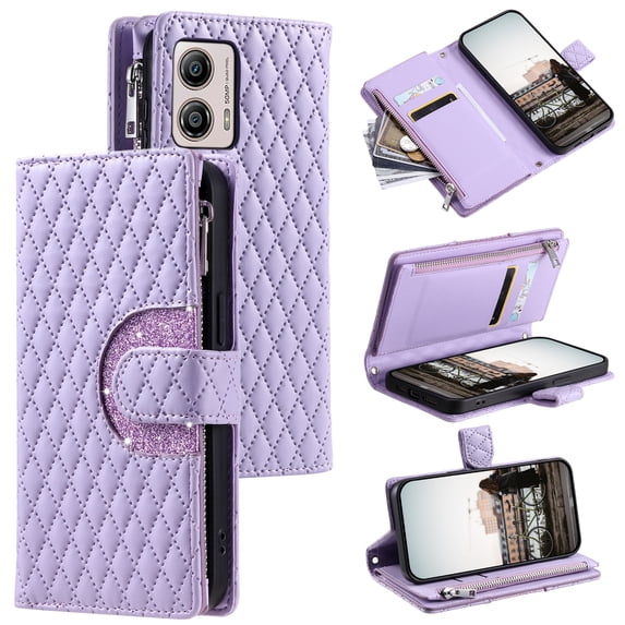 TECH CIRCLE Wallet Case For MOTO G PLAY 4G 2024,PU Leather Zipper Flip Folio Bling Case Wristlet Shoulder Strap Magnetic Closure Stand Protective Case for MOTO G PLAY 4G 2024 6.5",Purple