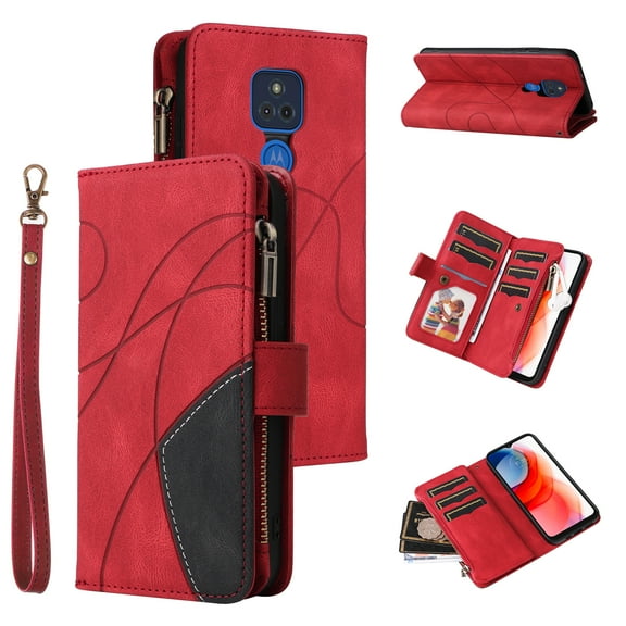 TECH CIRCLE Wallet Case for Motorola Moto G Play 2021, Moto G Play 2021 Case for Women Men Durable PU Leather Kickstand Magnetic Buckle Flip Folio Strap Wristlet Zipper Card Holder Phone Cases,Red