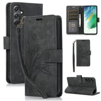 TECH CIRCLE Wallet Case for Samsung Galaxy A15 5G Magnetic Leather Wallet Phone Case with Lanyard, Floral Butterfly Embossed PU Leather Magnetic Flip Case with Kickstand Card Slot Cover,Black