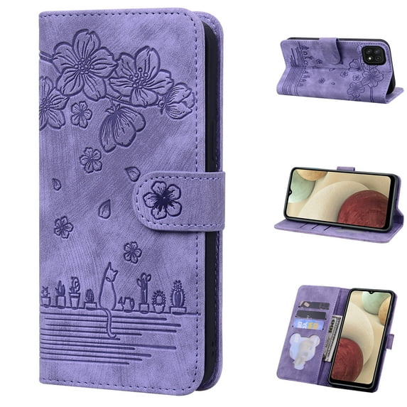 TECH CIRCLE Wallet Case for Samsung Galaxy A22 5G,Shockproof Slim Fit Embossed Leather Flip Kickstand Magnetic Closure Folio Card Slots Purse Phone Cover,Purple