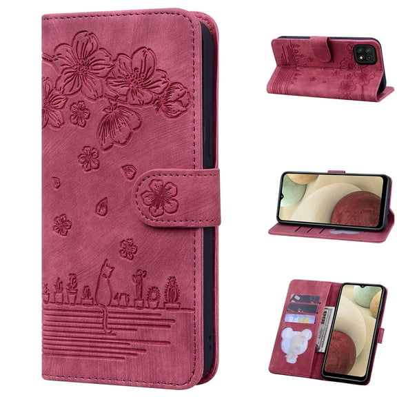 TECH CIRCLE Wallet Case for Samsung Galaxy A22 5G,Shockproof Slim Fit Embossed Leather Flip Kickstand Magnetic Closure Folio Card Slots Purse Phone Cover,Red