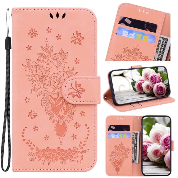 TECH CIRCLE Wallet Case for Samsung Galaxy A31 PU Leather Embossed Rose Butterfly Pattern Purse Case with Wriststrap Card Slots Kickstand Magnetic Protective Case For Samsung A31 6.4" 2020,Pink