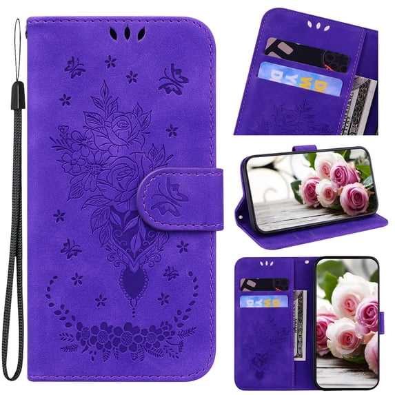 TECH CIRCLE Wallet Case for Samsung Galaxy A31 PU Leather Embossed Rose Butterfly Pattern Purse Case with Wriststrap Card Slots Kickstand Magnetic Protective Case For Samsung A31 6.4" 2020,Purple