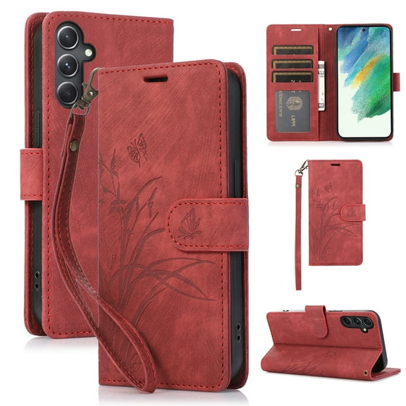 TECH CIRCLE Wallet Case for Samsung Galaxy A54 5G Magnetic Leather Wallet Phone Case with Lanyard, Floral Butterfly Embossed PU Leather Magnetic Flip Case with Kickstand Card Slot Cover,Red