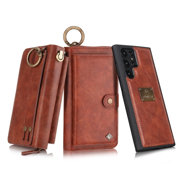 TECH CIRCLE Wallet Case for Samsung Galaxy S22 Ultra,PU Leather 2 in 1 Magnetic Detachable Case Zipper Folio Flip Card Slot Wrist Strap Wallet Protection Back Cover for Galaxy S22 Ultra 6.8 inch,Brown
