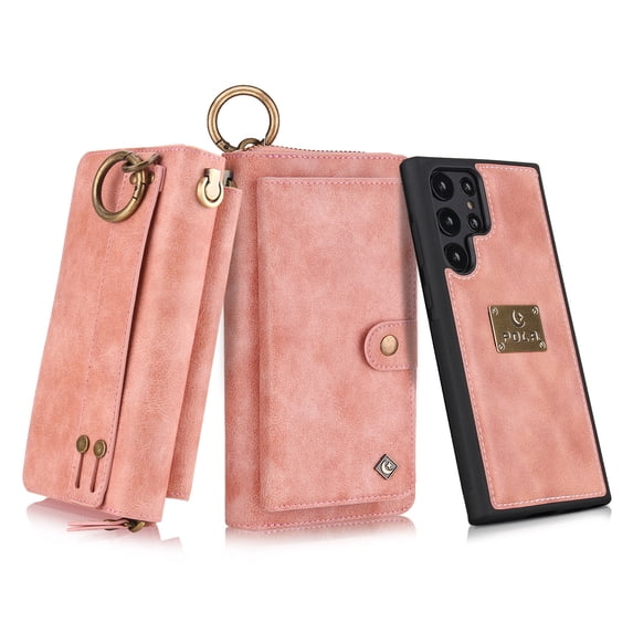 TECH CIRCLE Wallet Case for Samsung Galaxy S23 Ultra,PU Leather 2 in 1 Magnetic Detachable Case Zipper Folio Flip Card Slot Wrist Strap Wallet Protection Back Cover for Galaxy S23 Ultra 6.8 inch,Pink