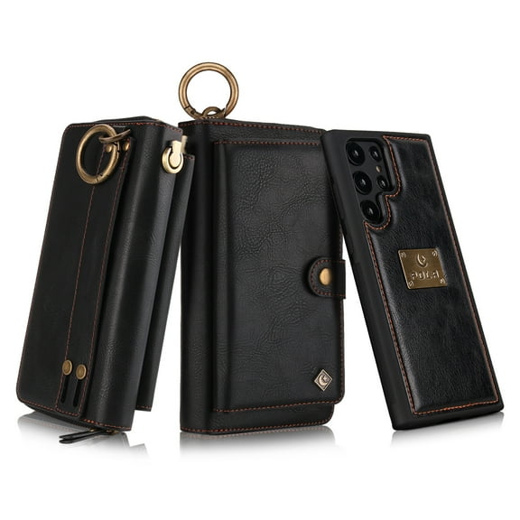 TECH CIRCLE Wallet Case for Samsung Galaxy S23 Ultra,PU Leather 2 in 1 Magnetic Detachable Case Zipper Folio Flip Card Slot Wrist Strap Wallet Protection Back Cover for Galaxy S23 Ultra 6.8 inch,Black