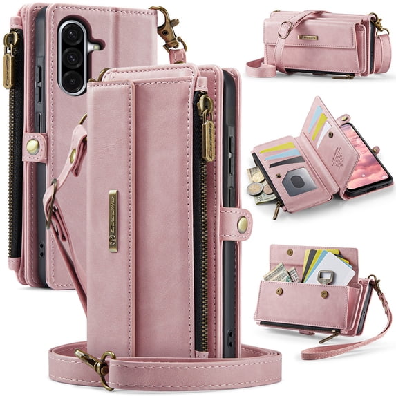 TECH CIRCLE Wallet Case for Samsung Galaxy S24 RFID Blocking 9-Card Holder Soft PU Leather Magnetic Snap Shoulder Strap Zipper Pocket Stand Case Fit for Galaxy S24 for Women,Pink