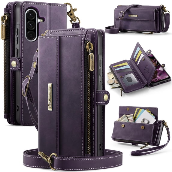 TECH CIRCLE Wallet Case for Samsung Galaxy S24 RFID Blocking 9-Card Holder Soft PU Leather Magnetic Snap Shoulder Strap Zipper Pocket Stand Case Fit for Galaxy S24 for Women,Purple