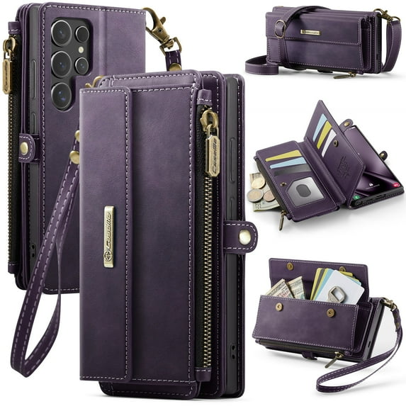 TECH CIRCLE Wallet Case for Samsung Galaxy S24 Ultra RFID Blocking 9-Card Holder Soft PU Leather Magnetic Snap Shoulder Strap Zipper Pocket Stand Case Fit for Galaxy S24 Ultra for Women,Purple