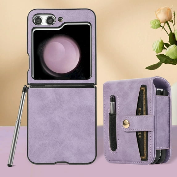 TECH CIRCLE Wallet Case for Samsung Galaxy Z Flip 5 Flexible Clip Card Slots Flip Case with Pen Stylus, Skin-Feel PU Leather Magnetic Snap Shockproof Full Protection Cover, Purple