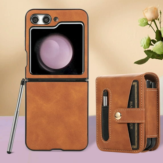 TECH CIRCLE Wallet Case for Samsung Galaxy Z Flip 5 Flexible Clip Card Slots Flip Case with Pen Stylus, Skin-Feel PU Leather Magnetic Snap Shockproof Full Protection Cover, Brown