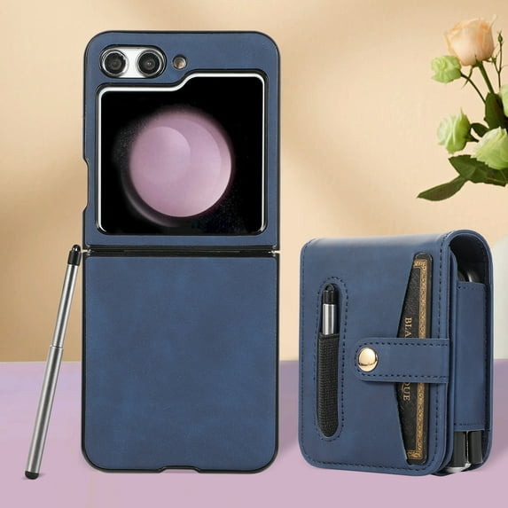 TECH CIRCLE Wallet Case for Samsung Galaxy Z Flip 5 Flexible Clip Card Slots Flip Case with Pen Stylus, Skin-Feel PU Leather Magnetic Snap Shockproof Full Protection Cover, Blue