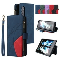 TECH CIRCLE Wallet Case for Samsung Galaxy Z Fold 3, Galaxy Z Fold 3 Case for Women Men Durable PU Leather Kickstand Magnetic Buckle Flip Folio Strap Wristlet Zipper Card Holder Phone Cases,Blue