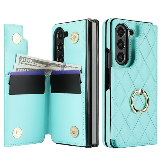 TECH CIRCLE Wallet Case for Samsung Galaxy Z Fold 5, Z Fold 5 Wallet Case, Slim Fit Multiple Cards Slots Ring Holder Stand Bumper Shockproof Phone Case for Galaxy Z Fold 5 5G -Mint