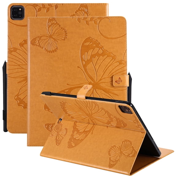 TECH CIRCLE Wallet Case for iPad Air 13 Inch M2 2024/iPad Pro 12.9 2022/2021/2020/2018 with Pencil Holder,Embossed Butterfly Auto Sleep/Wake PU Leather Smart Stand Girls Cute Folio Pocket Cover,Yellow