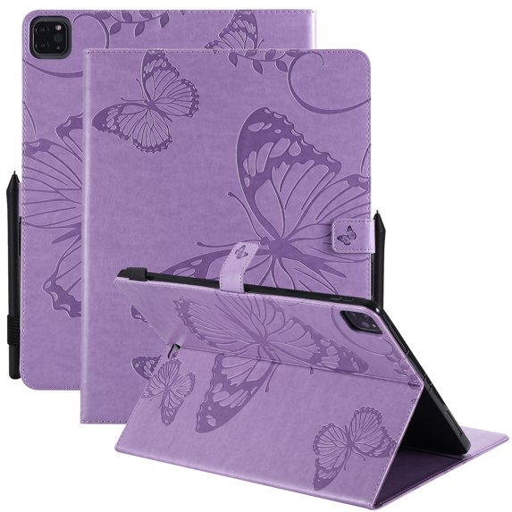 TECH CIRCLE Wallet Case for iPad Air 13 Inch M2 2024/iPad Pro 12.9 2022/2021/2020/2018 with Pencil Holder,Embossed Butterfly Auto Sleep/Wake PU Leather Smart Stand Girls Cute Folio Pocket Cover,Purple